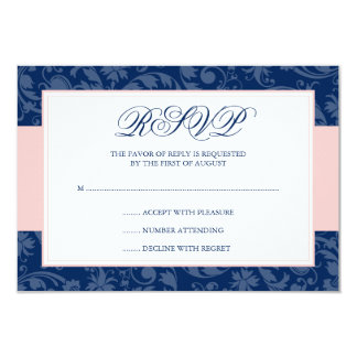 Navy Blue and Blush Pink Damask Swirl Wedding RSVP Card