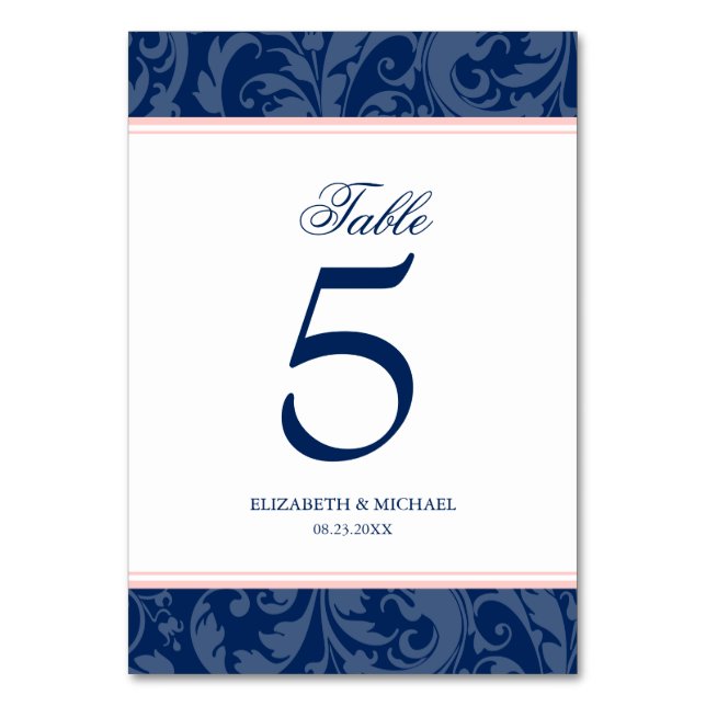 Navy Blue and Blush Pink Damask Swirl Wedding Table Number (Front)