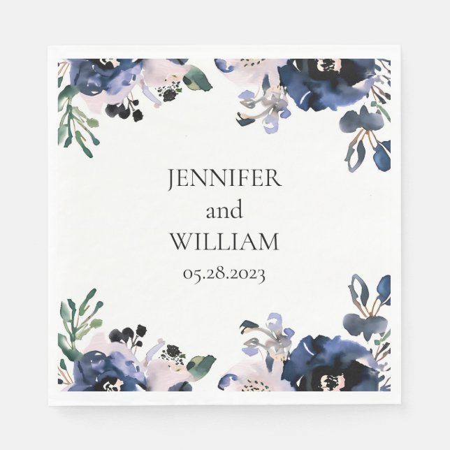 Navy Blue and Blush Pink Elegant Floral Wedding Napkins (Front)