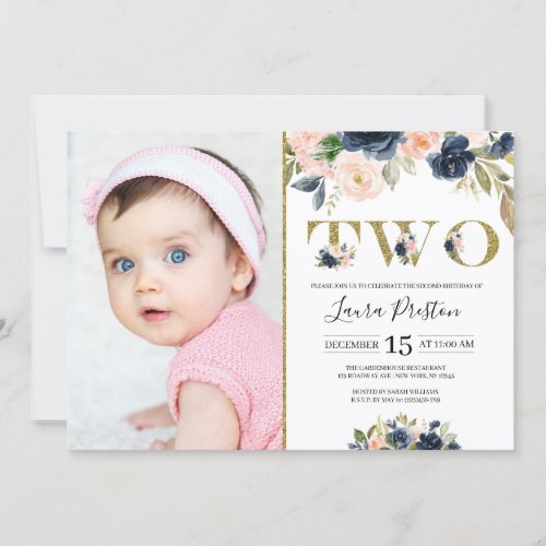 Navy Blue and Blush Pink Floral 2nd Birthday Photo Invitation