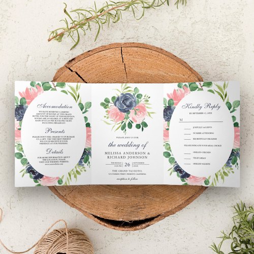 Navy Blue and Blush Pink Floral 3 in 1 Wedding Tri_Fold Invitation