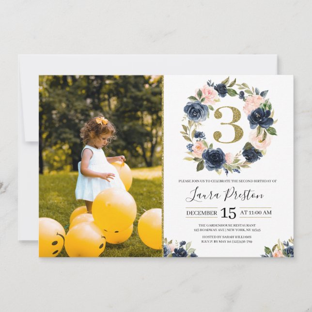 Navy Blue and Blush Pink Floral 3rd Birthday Photo Invitation (Front)