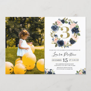 Navy Blue and Blush Pink Floral 3rd Birthday Photo Invitation