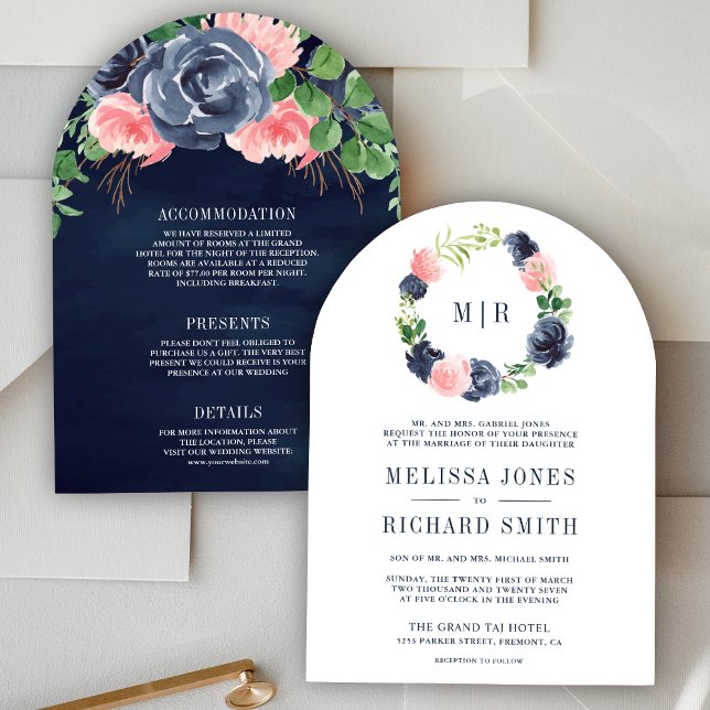 Navy Blue and Blush Pink Floral All in One Wedding Invitation (Creator Uploaded)