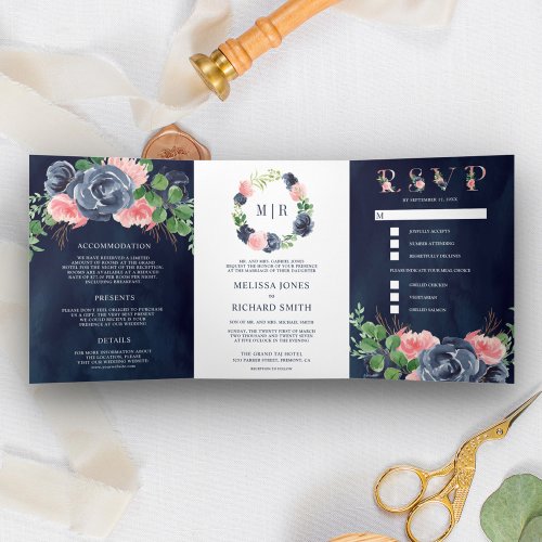 Navy Blue and Blush Pink Floral All in One Wedding Tri_Fold Invitation