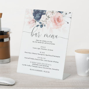 Navy Blue and Blush Pink Floral Bar Menu Pedestal Sign