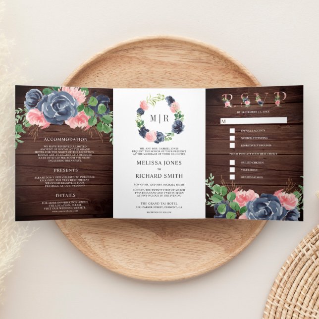 Navy Blue and Blush Pink Floral Barn Wood Wedding Tri-Fold Invitation (Creator Uploaded)