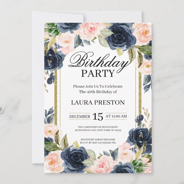 Navy Blue and Blush Pink Floral Birthday Invitation (Front)