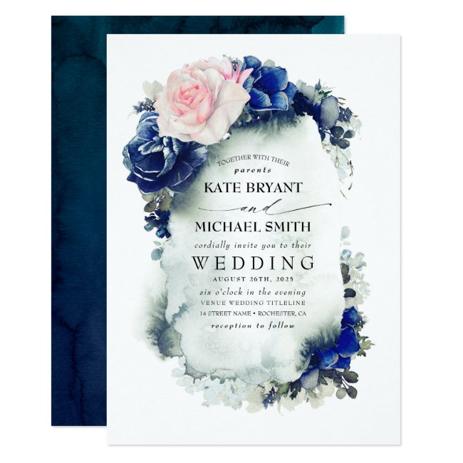Navy Blue and Blush Pink Floral Boho Wedding Invitation