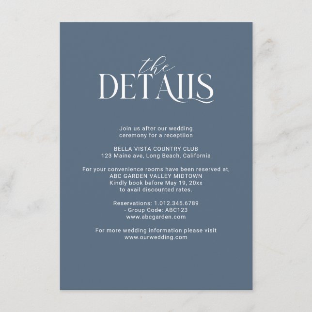 Navy Blue and Blush Pink Floral Bouquet Details Enclosure Card (Front)