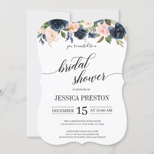 Navy Blue and Blush Pink Floral Bridal Shower Invitation