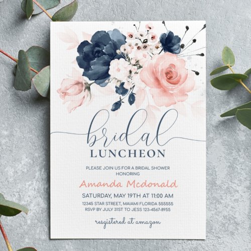 Navy Blue and Blush Pink Floral Bridal shower Invitation