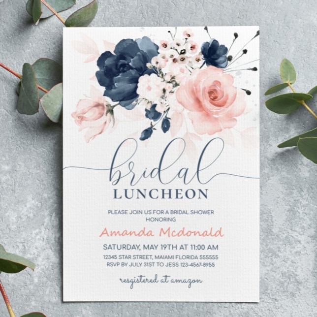 Navy Blue and Blush Pink Floral Bridal shower Invitation (Creator Uploaded)