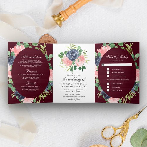 Navy Blue and Blush Pink Floral Burgundy Wedding Tri_Fold Invitation