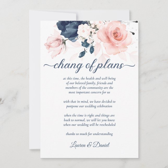 Navy Blue and Blush Pink Floral Chang of Plans Invitation (Front)