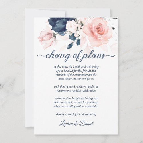 Navy Blue and Blush Pink Floral Chang of Plans Invitation