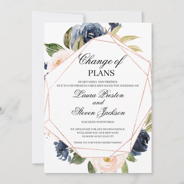 Navy Blue and Blush Pink Floral Change of Plans Invitation (Front)