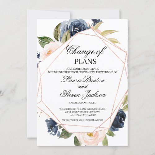 Navy Blue and Blush Pink Floral Change of Plans Invitation