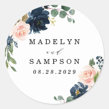 Navy Blue And Blush Pink Floral Country Wedding Classic Round Sticker by RusticWeddings at Zazzle