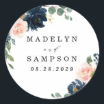 Navy Blue and Blush Pink Floral Country Wedding Classic Round Sticker<br><div class="desc">Design features beautiful watercolor peony,  rose,  eucalyptus,  greenery,  foliage/leaf elements in shades of green,  gold,  blush pink/pink peach,  and navy blue. This template also features a modern typography layout. View the collection on this page to find matching items in this design.</div>