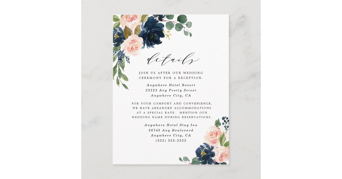 Navy Blue and Blush Pink Floral Country Wedding Enclosure Card | Zazzle
