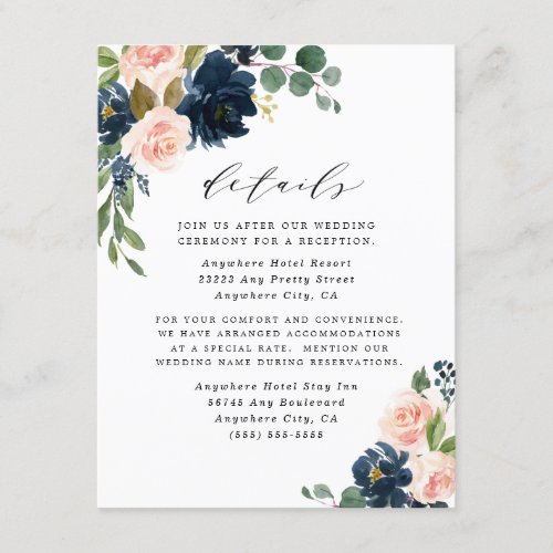 Navy Blue and Blush Pink Floral Country Wedding Enclosure Card
