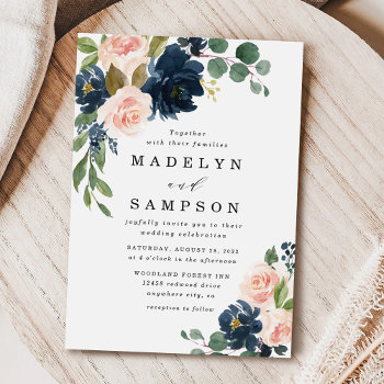 Navy Blue And Blush Pink Floral Country Wedding Invitation by RusticWeddings at Zazzle