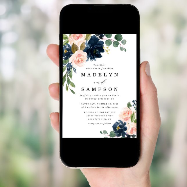 Navy Blue and Blush Pink Floral Country Wedding Invitation (Front Digital)