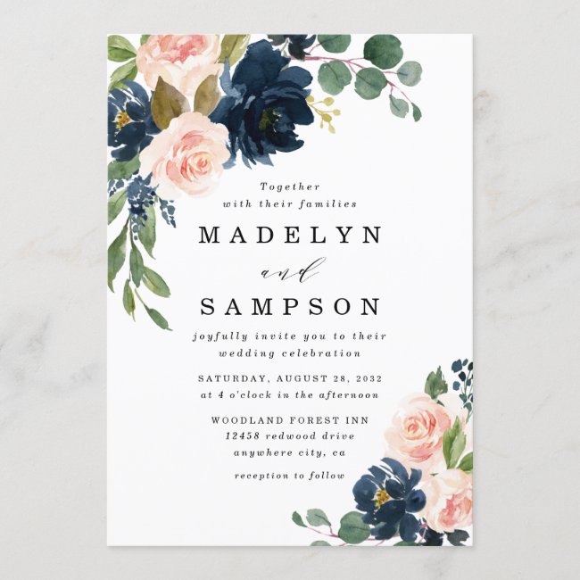 Navy Blue and Blush Pink Floral Country Wedding Invitation