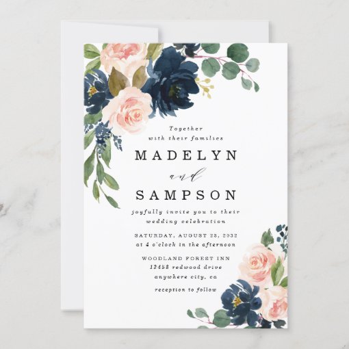 Navy Blue and Blush Pink Floral Country Wedding Invitation | Zazzle