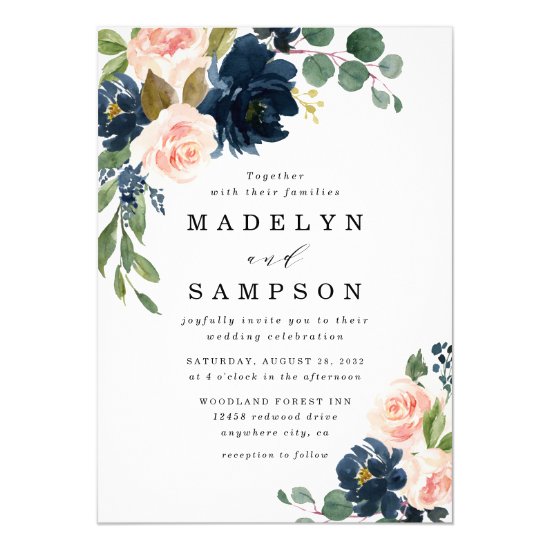 Navy Blue and Blush Pink Floral Country Wedding Invitation