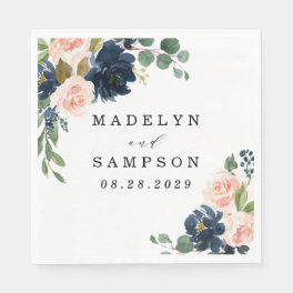 Navy Blue and Blush Pink Floral Country Wedding Napkins
