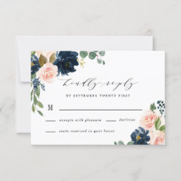 Navy Blue and Blush Pink Floral Country Wedding RSVP Card