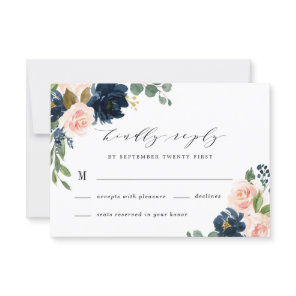Navy Blue and Blush Pink Floral Country Wedding RSVP Card