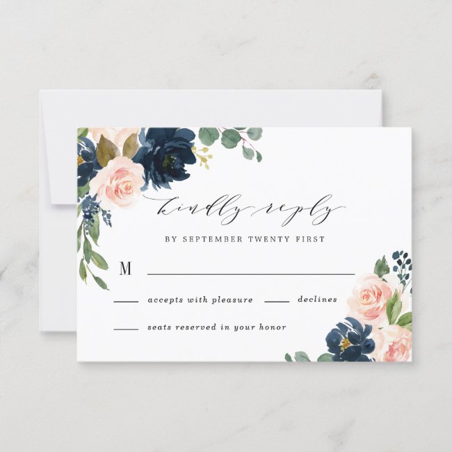 Navy Blue and Blush Pink Floral Country Wedding RSVP Card
