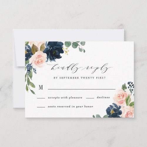 Navy Blue and Blush Pink Floral Country Wedding RSVP Card
