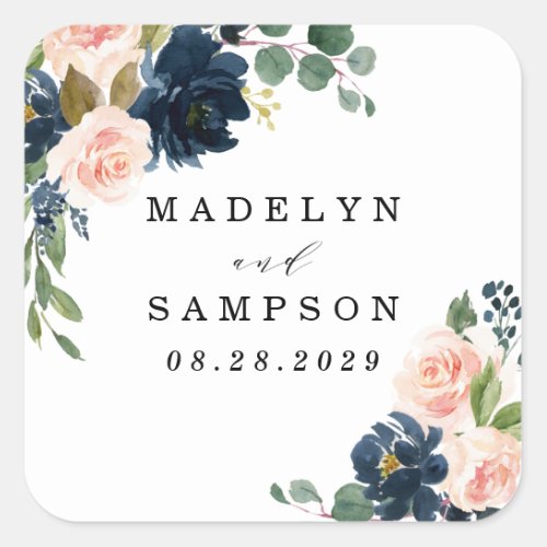 Navy Blue and Blush Pink Floral Country Wedding Square Sticker
