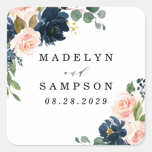 Navy Blue and Blush Pink Floral Country Wedding Square Sticker | Zazzle