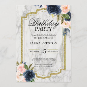 Navy Blue and Blush Pink Floral Marble Birthday Invitation