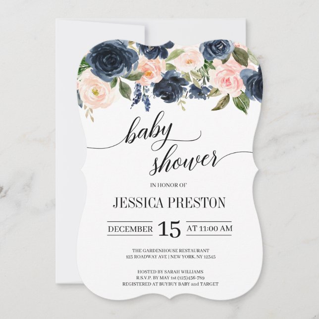 Navy Blue and Blush Pink Floral Script Baby Shower Invitation (Front)