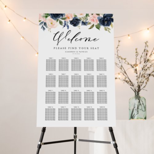 Navy Blue and Blush Pink Floral Seating Chart Foam Board