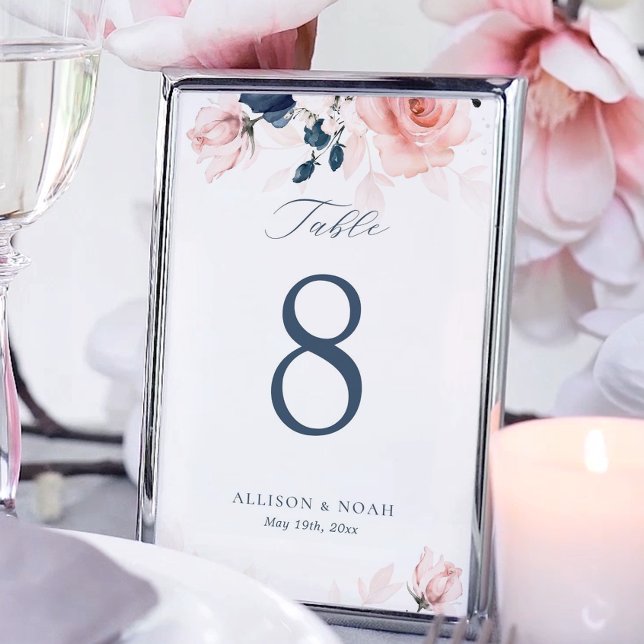Navy Blue and Blush Pink floral Seating Table Card (Creator Uploaded)