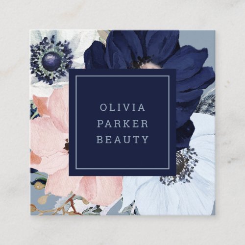 Navy Blue and Blush Pink Floral Square Business Card