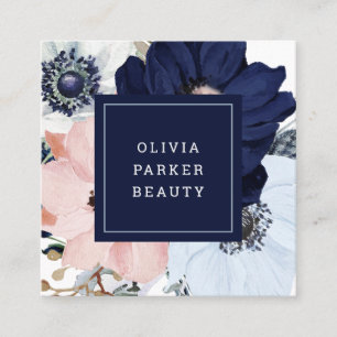 Navy Blue and Blush Pink Floral Square Business Card
