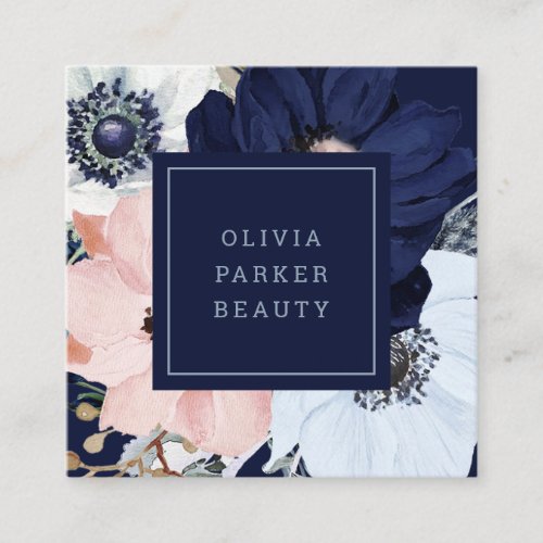 Navy Blue and Blush Pink Floral Square Business Card