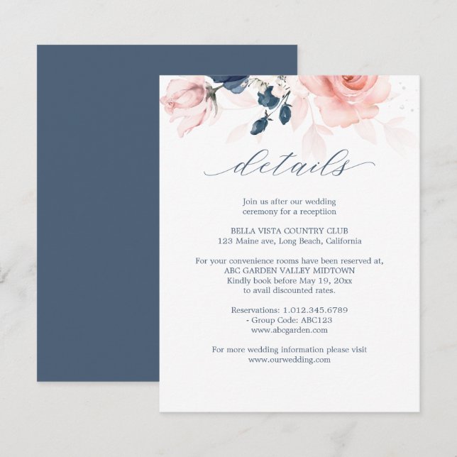 Navy Blue and Blush Pink Floral Wedding Details Enclosure Card (Front/Back)