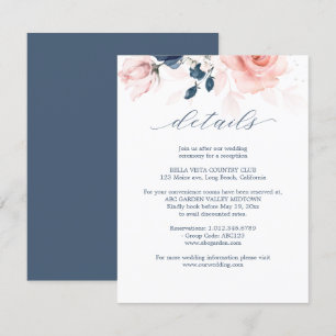 Navy Blue and Blush Pink Floral Wedding Details Enclosure Card