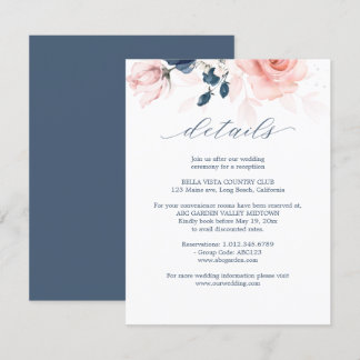 Navy Blue and Blush Pink Floral Wedding Details Enclosure Card