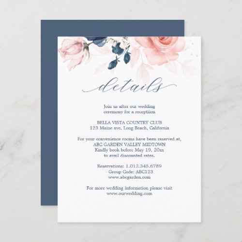 Navy Blue and Blush Pink Floral Wedding Details Enclosure Card