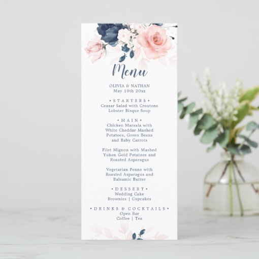 Navy Blue and Blush Pink Floral Wedding Dinner Menu | Zazzle